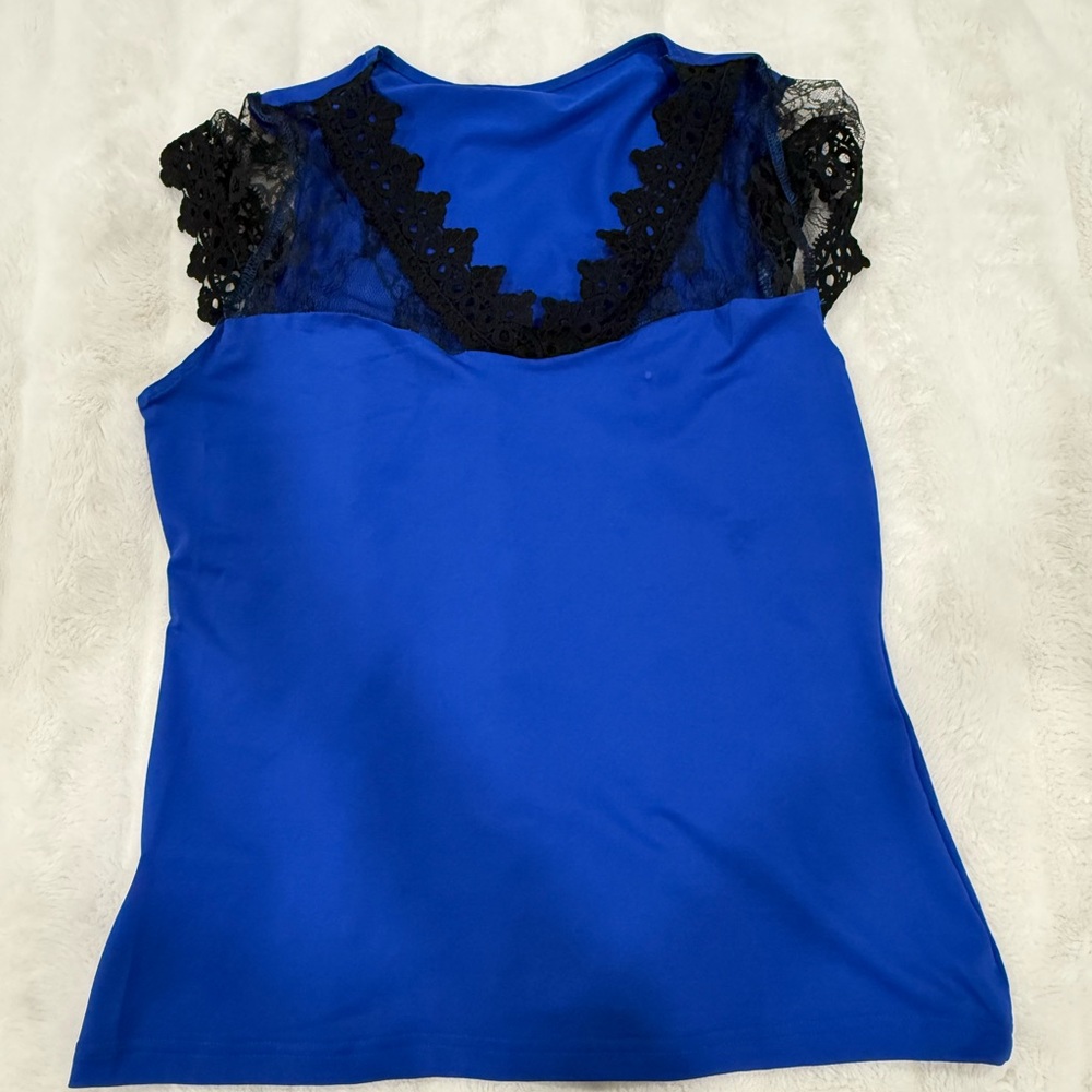 Chic Royal Blue Women's Blouse with Lace Detail
